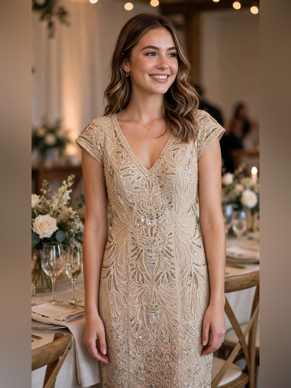 Sue Wong || Embellished V-Neck Cocktail Dress Bridal Reception Deco Cream Tan 0